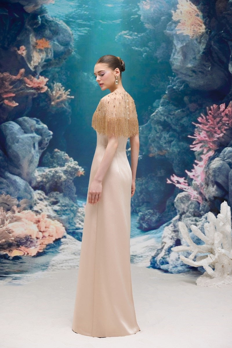 Beige Marcelline silk taffeta and tulle gown by 21Six, showcasing elegant fabric layers and sophisticated design.