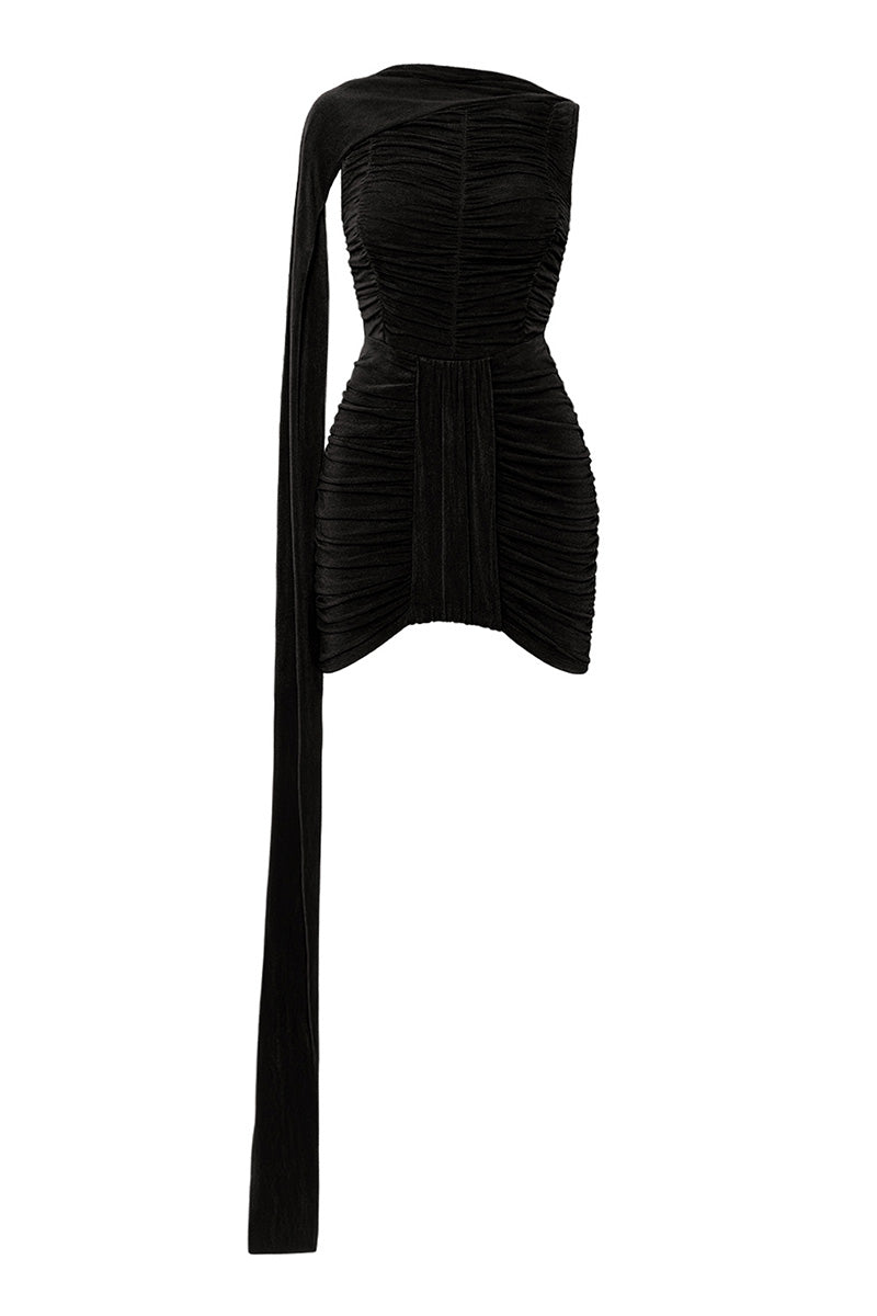 Black Kemmiye mini dress by Khanum's displayed flat lay, showcasing a stylish sleeveless design perfect for casual or evening wear.