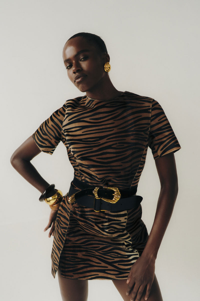 ZUT Kempton mini dress in honey zebra print, sleeveless design with a fitted silhouette and stylish pattern.