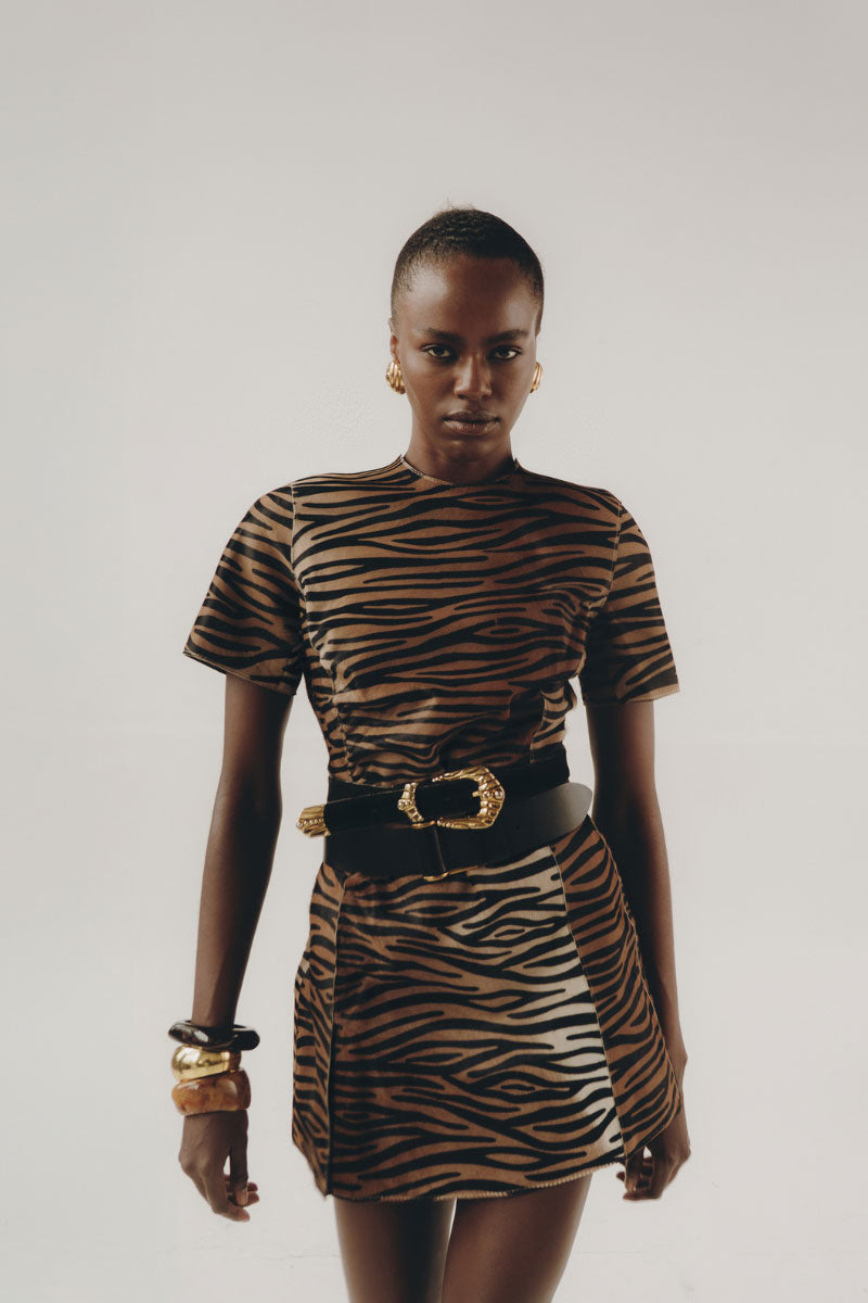 ZUT Kempton mini dress in honey zebra print, stylish short dress with bold animal pattern, perfect for casual or trendy looks.