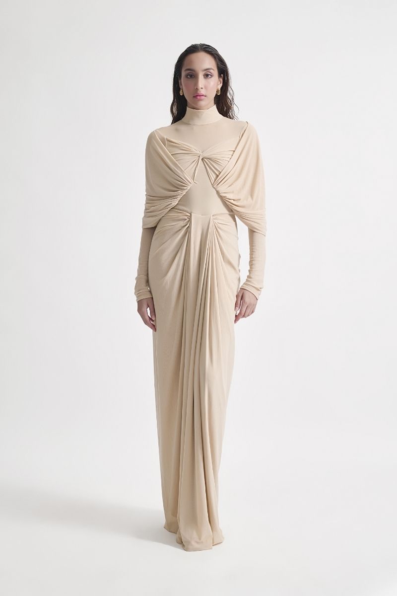 beige dress flowy Formal Dresses for Women Elegant High Neck Sleeveless Fit and Flare Maxi Dress Stretchy Flowy Wedding Guest Evening Dress Beige L