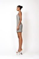 Kerri mini dress in silver by Khanum's, showcasing a stylish short dress with a fitted silhouette and metallic shimmer.