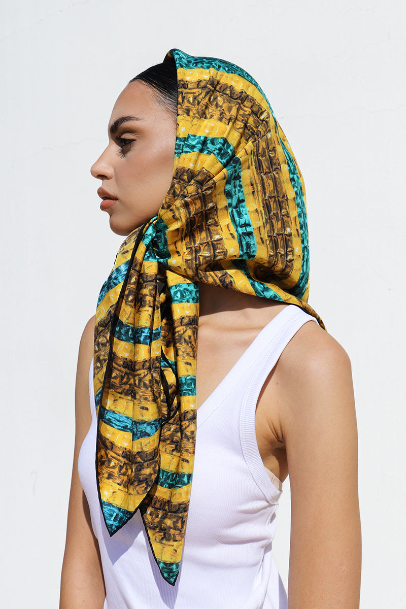 Amel Batita KHAMON BROCOT silk scarf featuring intricate Brocot pattern, stylish headscarf with vibrant colors and elegant design.