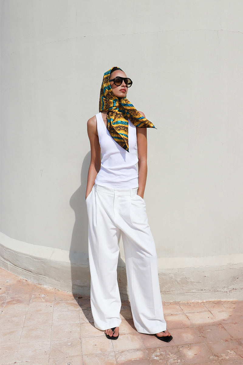 Amel Batita Khamon Brocot silk scarf featuring intricate patterns and vibrant colors, displayed flat.