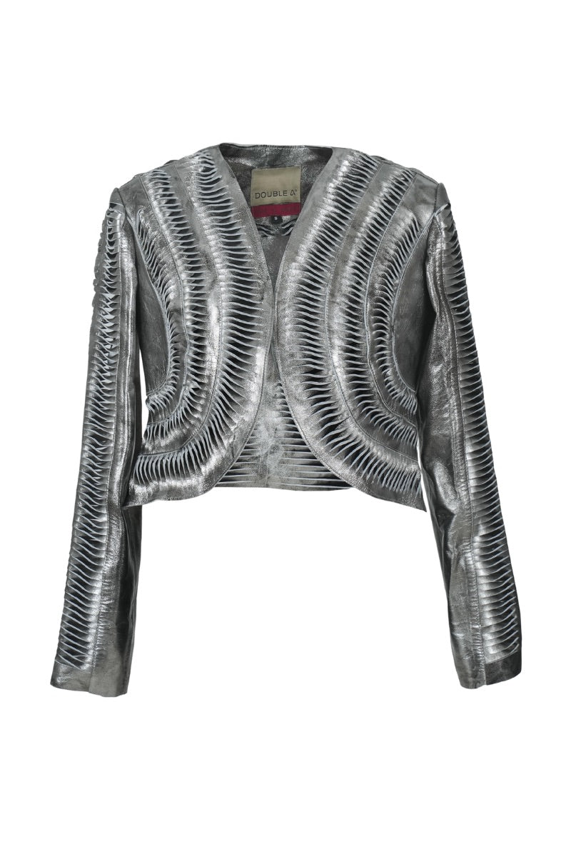 Double A Kiara leather jacket in washed silver, featuring a stylish cropped design and textured leather finish.
