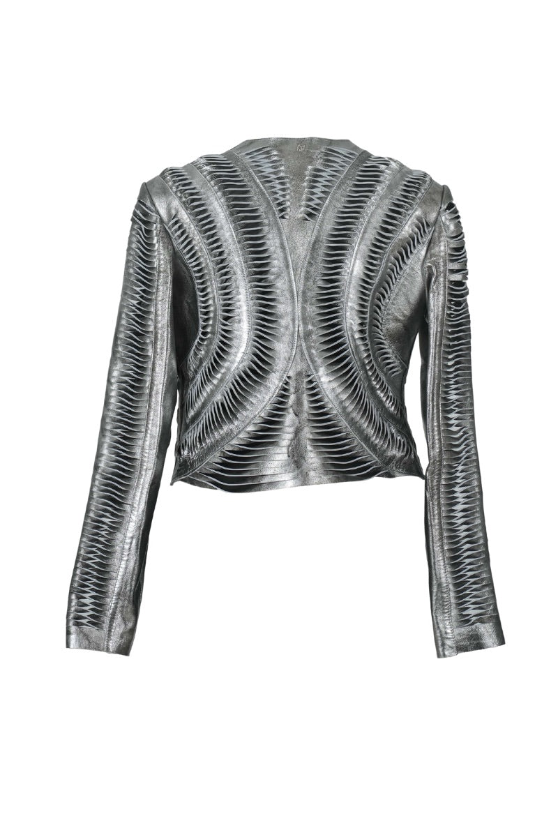 Double A Kiara leather jacket in washed silver, showcasing a stylish, textured design with a fitted collar and metallic finish.
