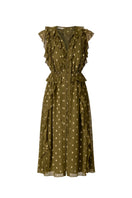 Rebecca Taylor Kinley metallic dot midi dress in olive color, featuring a stylish metallic dotted pattern and elegant midi length.