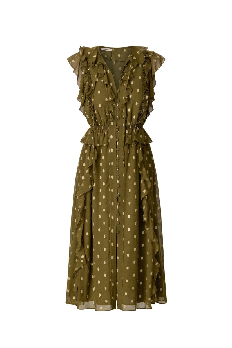 Rebecca Taylor Kinley metallic dot midi dress in olive color, featuring a stylish metallic dotted pattern and elegant midi length.