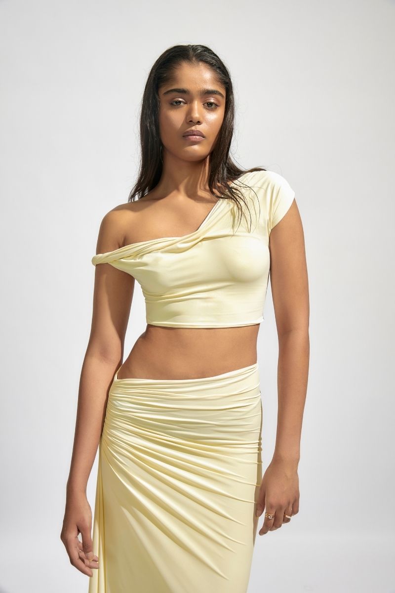 Deme By Gabriella KIRA butter yellow co-ord top and skirt set, featuring a stylish matching two-piece outfit.