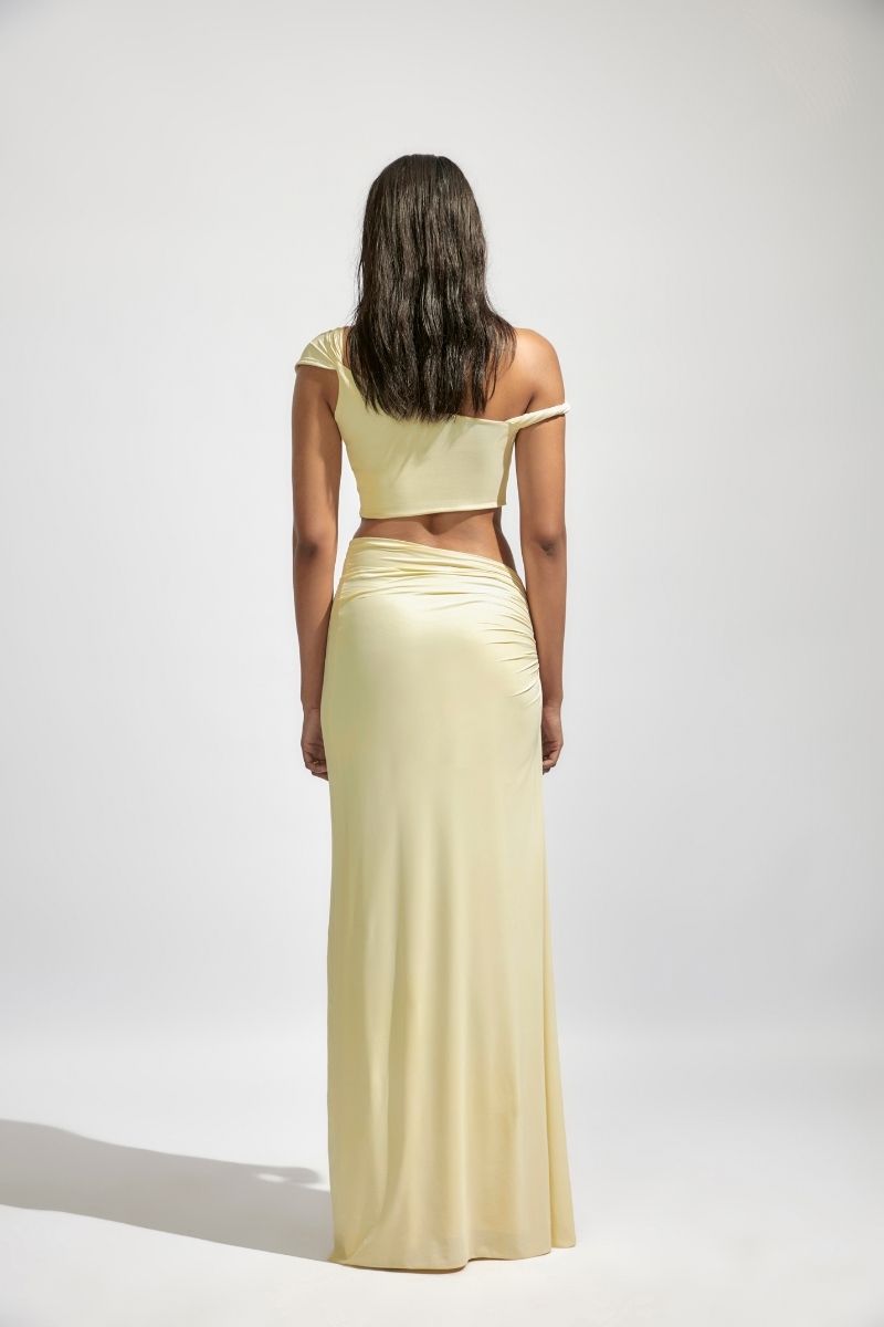 Deme By Gabriella KIRA butter yellow co-ord top and skirt set, featuring a stylish matching two-piece outfit with a chic fit.