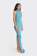 Blue knit low-back maxi dress by Stolen Stores featuring a flowing silhouette and stylish back design.