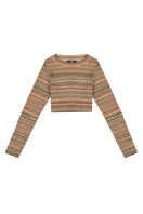 Striped knit crop top from Bassigue, showcasing its fitted style and casual design on a neutral background.