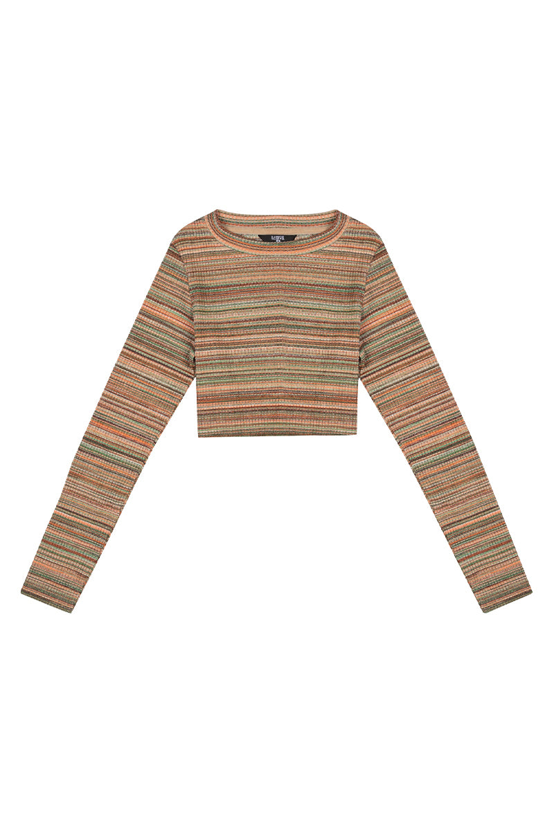 Striped knit crop top from Bassigue, showcasing its fitted style and casual design on a neutral background.