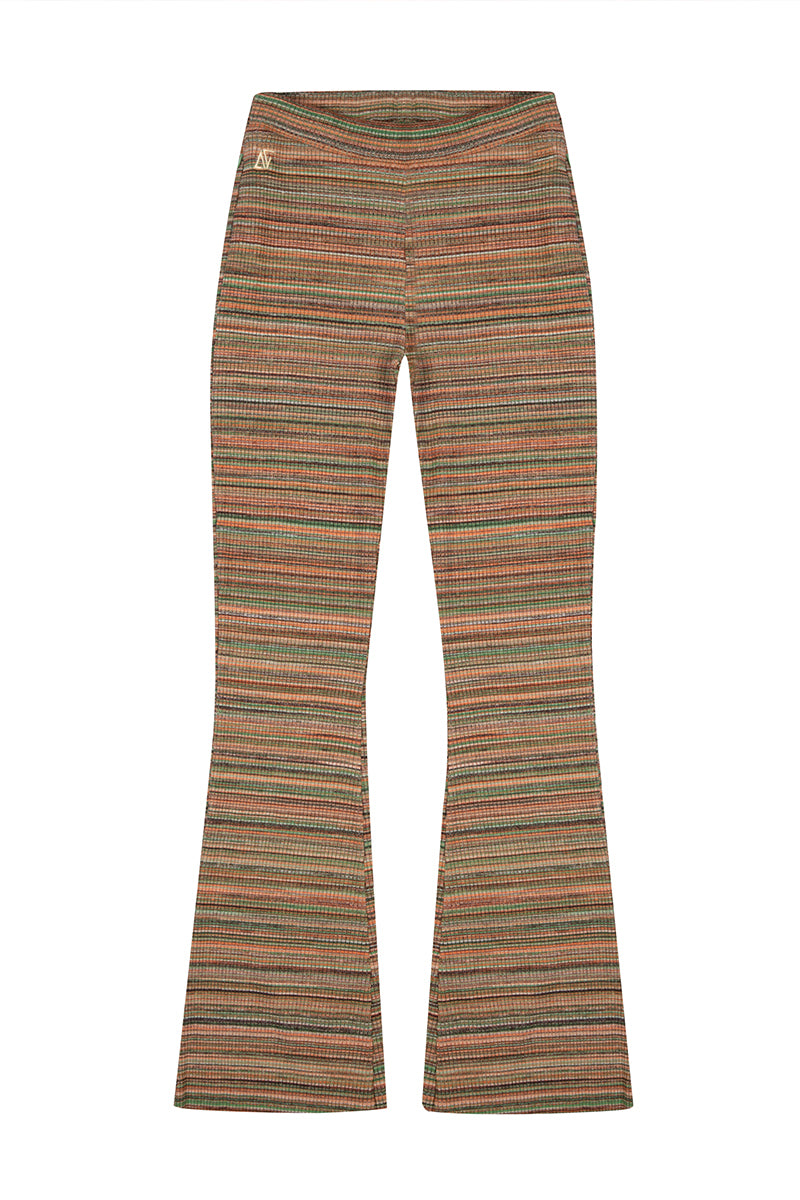 Striped knit flare sweatpants by Bassigue showing a relaxed fit with ribbed cuffs and a stylish striped pattern.
