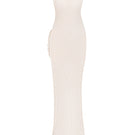 Beige knit low-back maxi dress by Stolen Stores featuring a flowing silhouette and elegant back design.