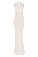 Beige knit low-back maxi dress by Stolen Stores featuring a flowing silhouette and elegant back design.