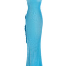 Blue knit low-back maxi dress by Stolen Stores, featuring a flowing silhouette and stylish back design.