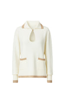 White knit sweater with pocket detailing from Bassigue, featuring a cozy, textured design and a stylish, relaxed fit.
