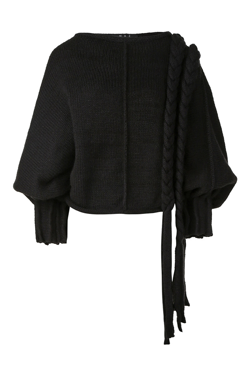 Black knitted sweater with long braids from MAZ Manuela Álvarez, featuring a cozy, textured design and long sleeve style.