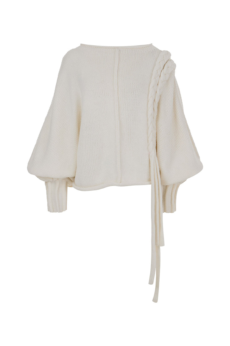 KNITTED SWEATER WITH LONG BRANDS IN IVORY - CULT MIA