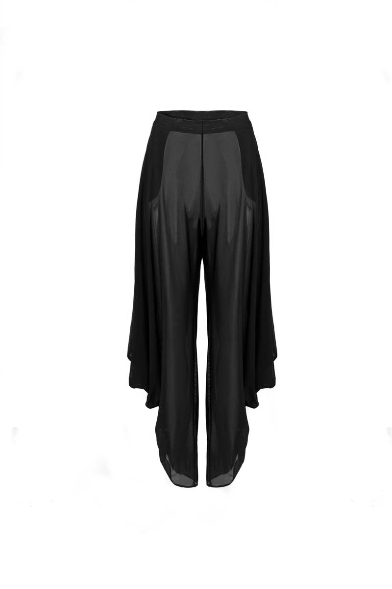 Black YASSMIN SALEH knot pants with front knot detail, shown from the front view. Comfortable, stylish pants for casual wear.