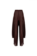 YASSMIN SALEH brown knot pants featuring a stylish front knot and relaxed fit, shown from the back view.