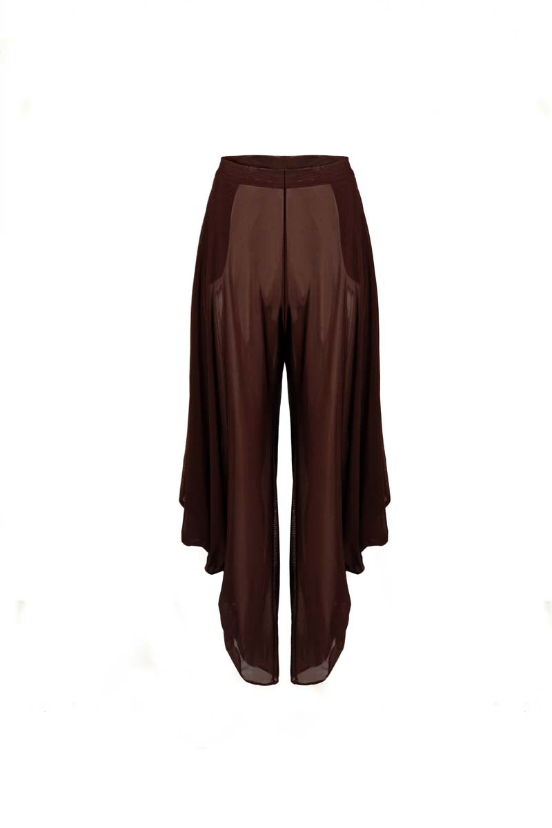 YASSMIN SALEH brown knot pants displayed from the front, showcasing the stylish knot detail and relaxed fit.
