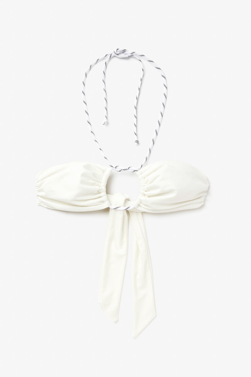 Seaquelle Knot Bikini top and twisted bikini bottom in creme white, stylish swimwear set with knot detail and flattering fit.