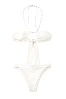 Seaquelle knot bikini top and twisted bikini bottom in creme white, featuring a stylish knot detail and comfortable fit.