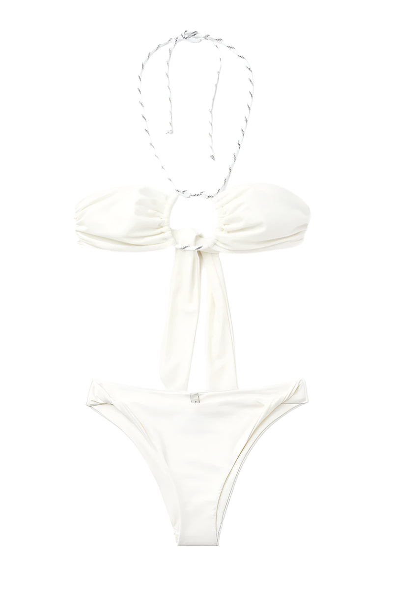 Seaquelle knot bikini top and twisted bikini bottom in creme white, featuring a stylish knot detail and comfortable fit.