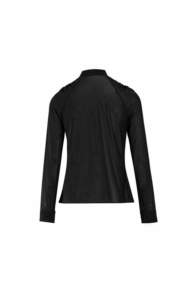 Black knot top by Yassmin Saleh featuring a stylish gathered front and ghost-back design, perfect for casual or dressy occasions.