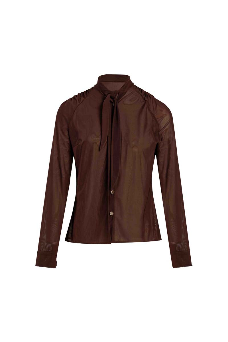 YASSMIN SALEH brown knot top featuring a stylish front knot detail, casual yet chic for everyday wear.