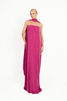 Pink Kushmita maxi dress by Khanum's with flowing fabric and elegant design, displayed on a hanger.