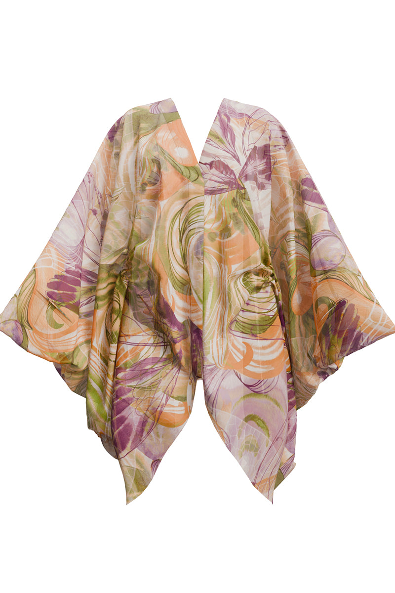 Andrea Iyamah Labu Organza Robe in Vibrant Print, flowing lightweight robe with colorful abstract patterns and sheer fabric.