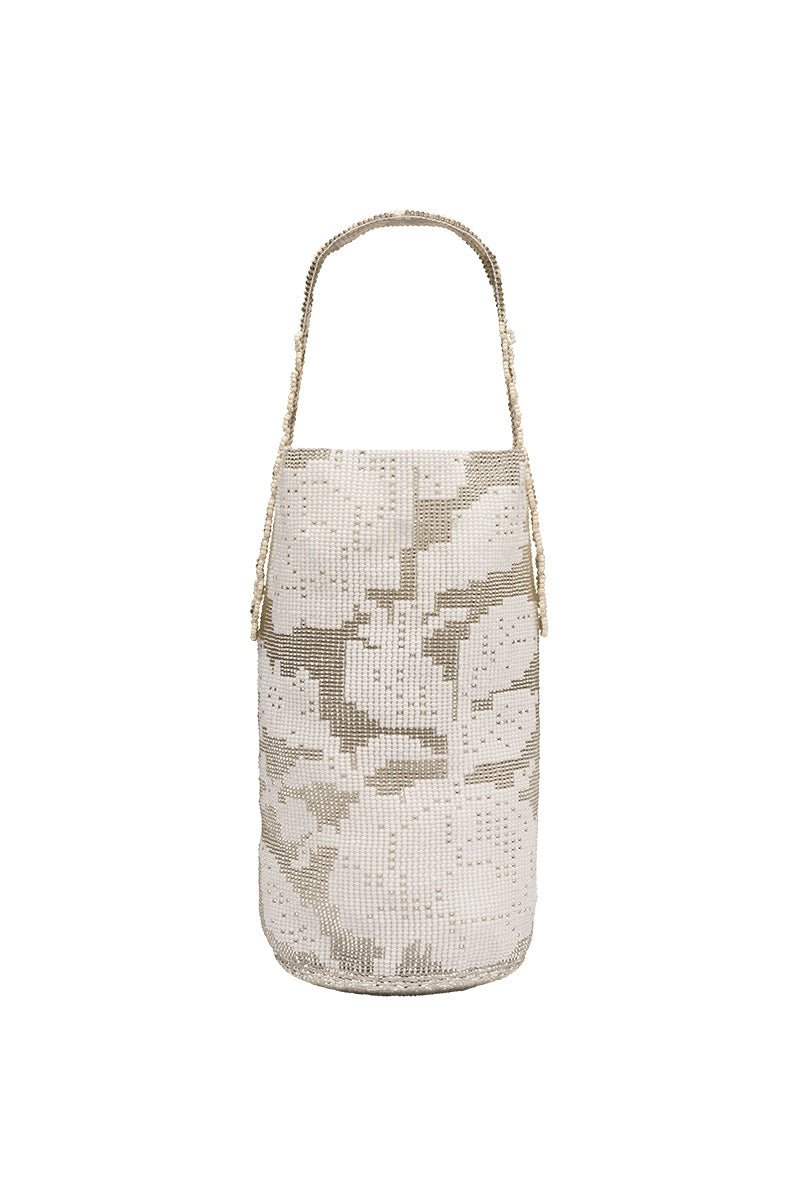 Silver lace pouch with top handle from Pura Utz, stylish and elegant accessory for carrying essentials.