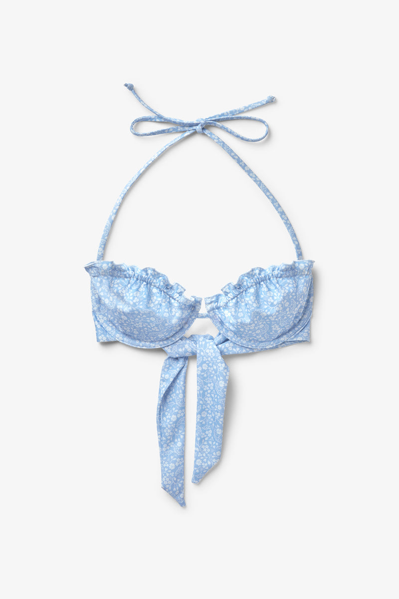 Seaquelle Lake bikini top and sea bottom in light blue print, stylish swimwear set for beach or pool.