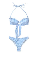 Seaquelle Lake bikini top and sea bottom in light blue print, showcasing stylish swimwear for beach or pool.