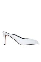 White LANA heels by 10TH FLOOR featuring sleek design and pointed toes, perfect for elegant footwear.