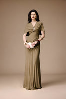Elegant khaki gown by Jenny K Tran featuring a flowing silhouette and intricate detailing, perfect for formal occasions.
