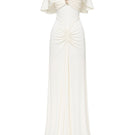 Elegant ivory gown by Jenny K Tran featuring a flowing silhouette and intricate detailing, perfect for formal occasions.