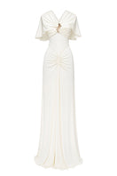 Elegant ivory gown by Jenny K Tran featuring a flowing silhouette and intricate detailing, perfect for formal occasions.