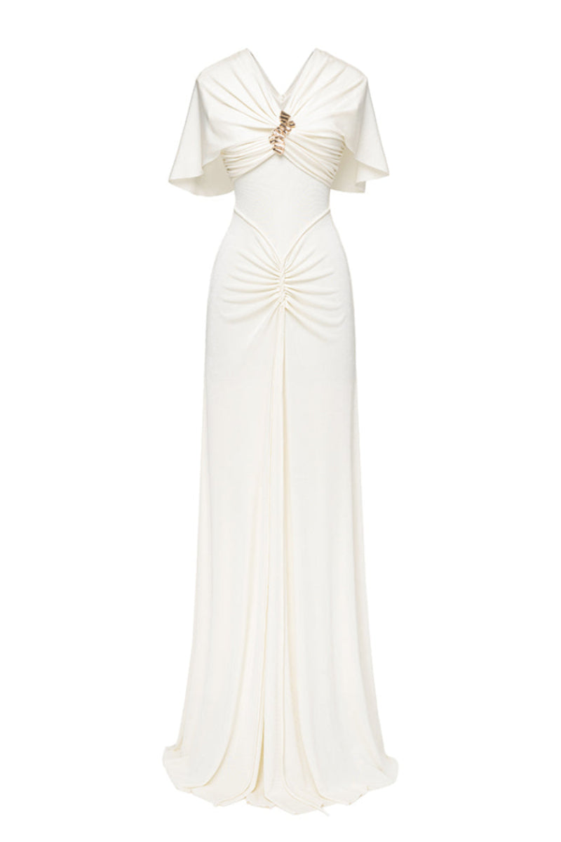 Elegant ivory gown by Jenny K Tran featuring a flowing silhouette and intricate detailing, perfect for formal occasions.