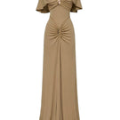 Jenny K Tran La Perla khaki gown, elegant dress with flowing fabric and sophisticated design, perfect for formal occasions.