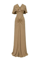 Jenny K Tran La Perla khaki gown, elegant dress with flowing fabric and sophisticated design, perfect for formal occasions.