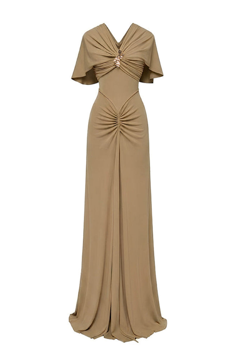 Jenny K Tran La Perla khaki gown, elegant dress with flowing fabric and sophisticated design, perfect for formal occasions.