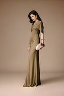 Jenny K Tran La Perla khaki gown featuring elegant fabric and a flowing silhouette, perfect for formal occasions.