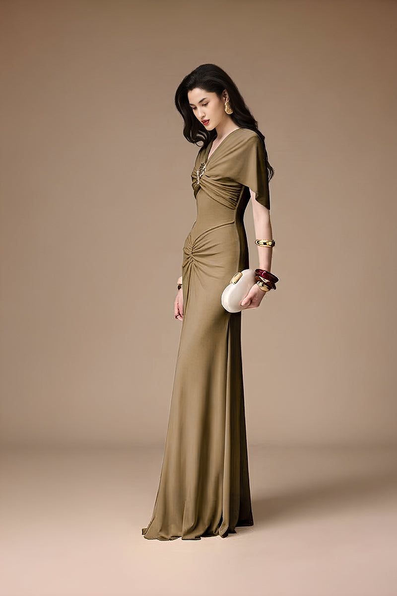 Jenny K Tran La Perla khaki gown featuring elegant fabric and a flowing silhouette, perfect for formal occasions.