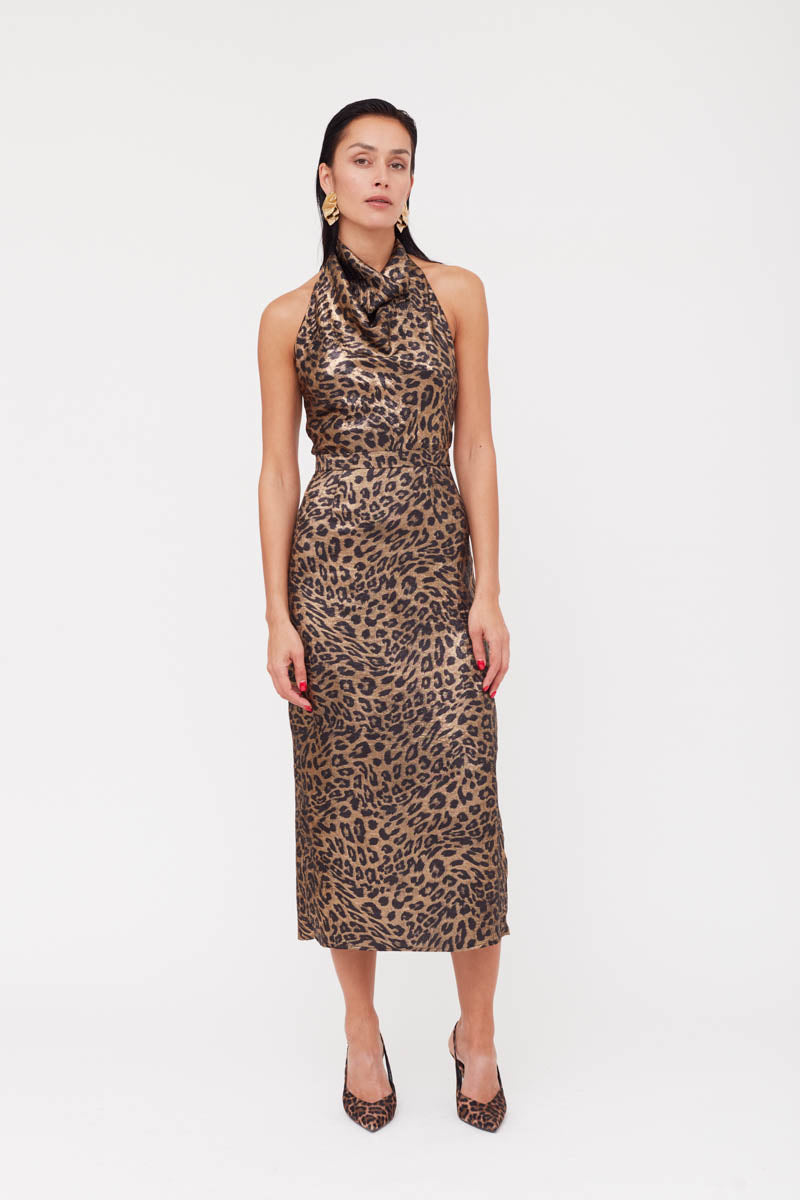 LARA METALLIC ANIMAL PRINT MIDI COWL NECK DRESS - CULT MIA