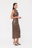 Undress Lara metallic animal print midi dress with cowl neck, featuring shiny fabric and stylish design for elegant occasions.