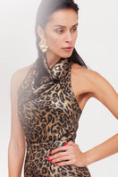 Undress Lara metallic animal print midi cowl neck dress, showcasing its shiny fabric and stylish draped neckline.
